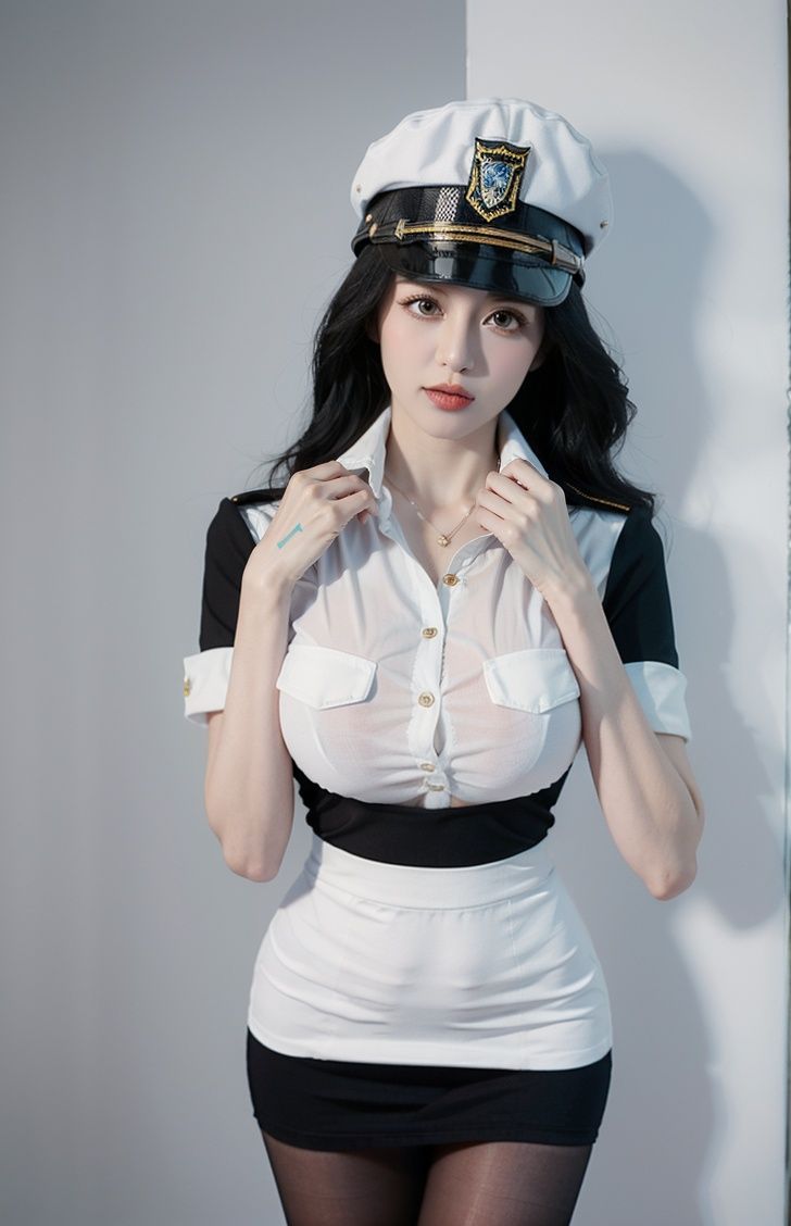 (masterpiece, best quality:1.4),finely detailed,1girl,solo,pale skin,perfect body,glossy skin,(gigantic breasts:1.2),<lora:性感黑丝女警-000008:0.8>,policewoman,(white shirt),hat,(pantyhose),black hair,(pencil skirt),(police uniform),(standing),(upper body photo:1.2),(close-up photo:1.2),(black stockings),(pure white wall background:1.2),