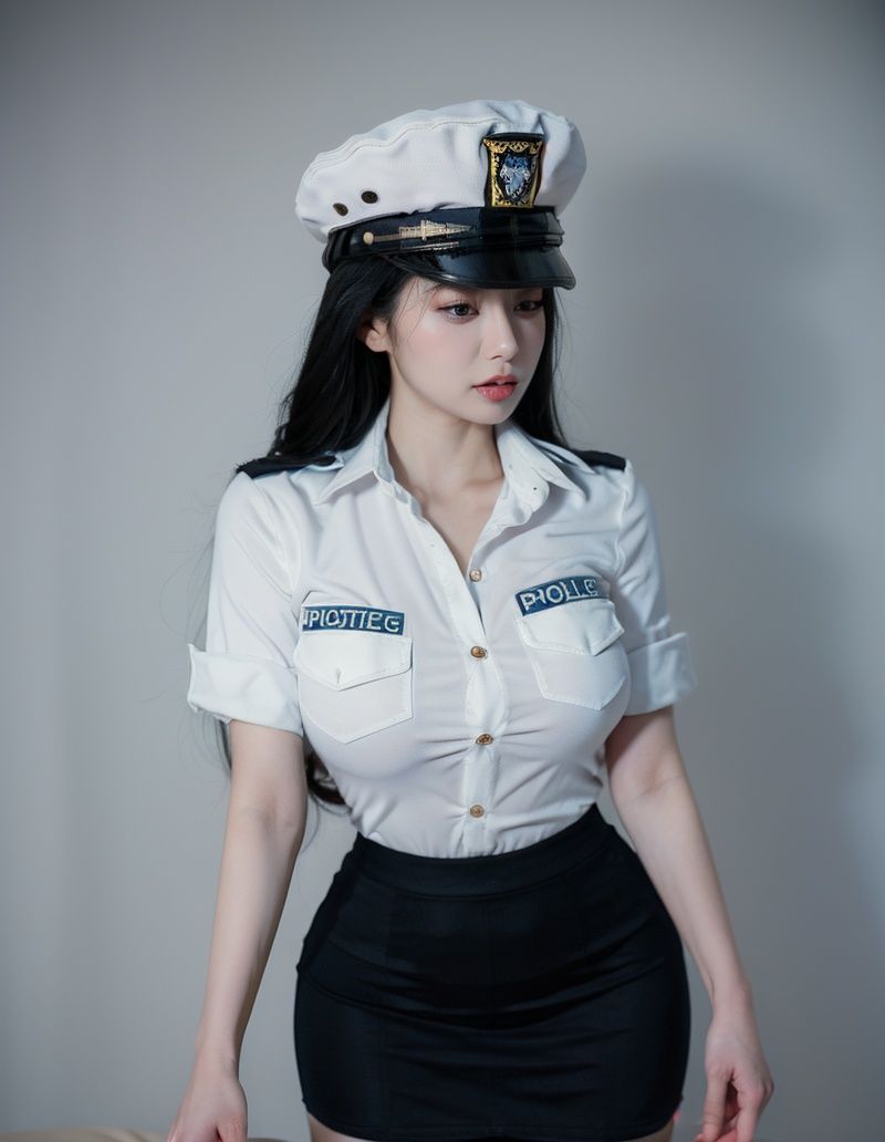 (masterpiece, best quality:1.4),finely detailed,1girl,solo,pale skin,perfect body,glossy skin,(gigantic breasts:1.2),<lora:性感黑丝女警-000008:0.8>,policewoman,white shirt,hat,pantyhose,black hair,pencil skirt,(police uniform),(standing),(upper body photo:1.2),(close-up photo:1.2),