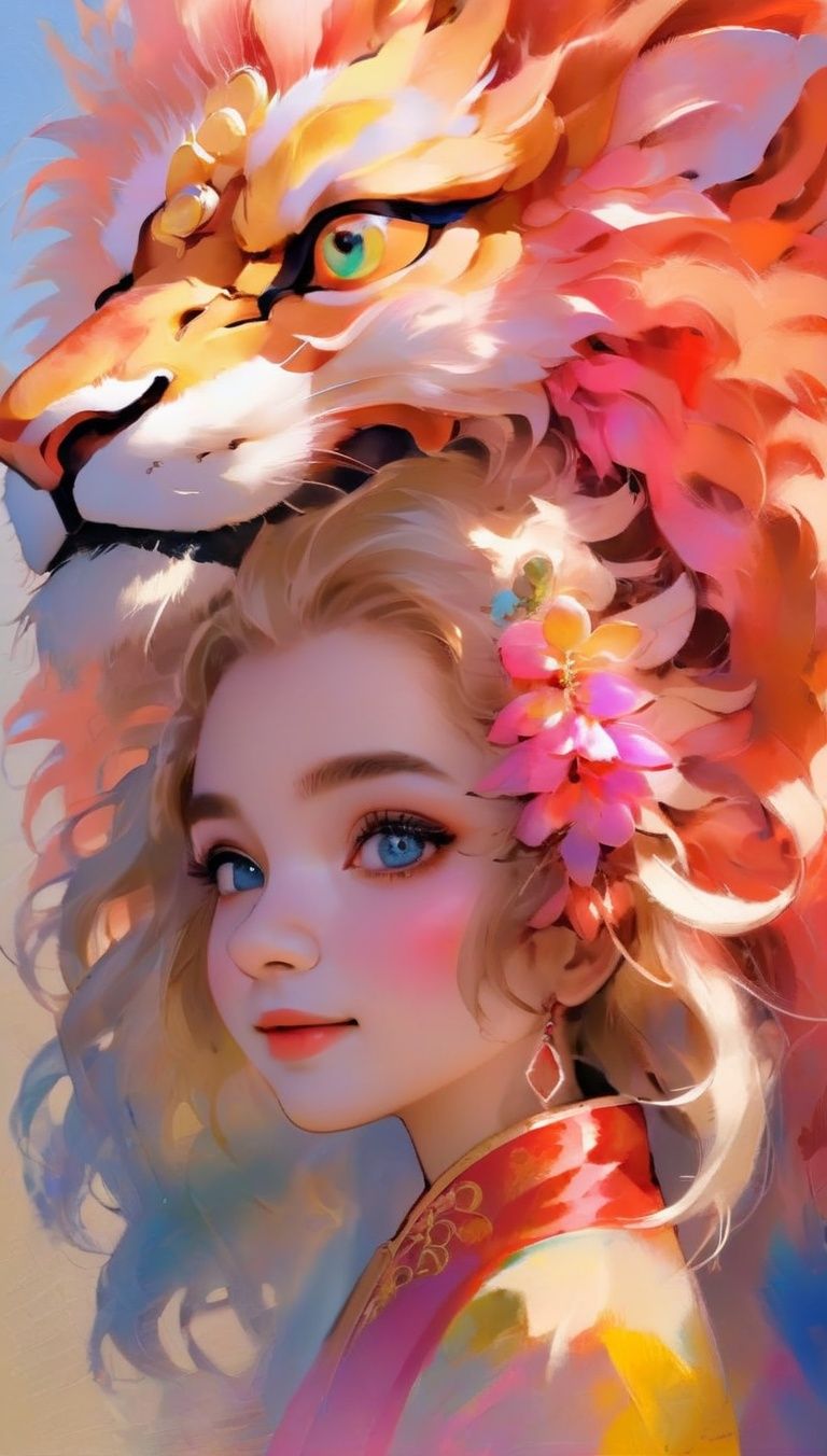 masterpiece,(best quality:1.3),1girl,arien_lion,<lora:LionGirlXL-LORA:1>,bright colors,