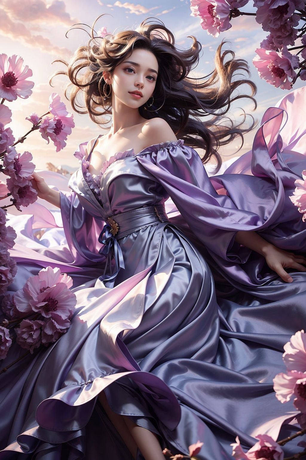 (Low angle shooting, ultra wide angle shooting), absurd resolution, super high resolution, (masterpiece: 1.2), a girl, long hair, messy hair, off shoulder dress, flowing silk, pleated dress, beautiful face, smile, lavender garden, sky, clouds, blue and pink flowers, full body, dynamic motion, best picture quality, look up, ultra wide angle, fisheye, lens focus, ultra realistic and detailed, high detail texture, Ultra high quality, 16k