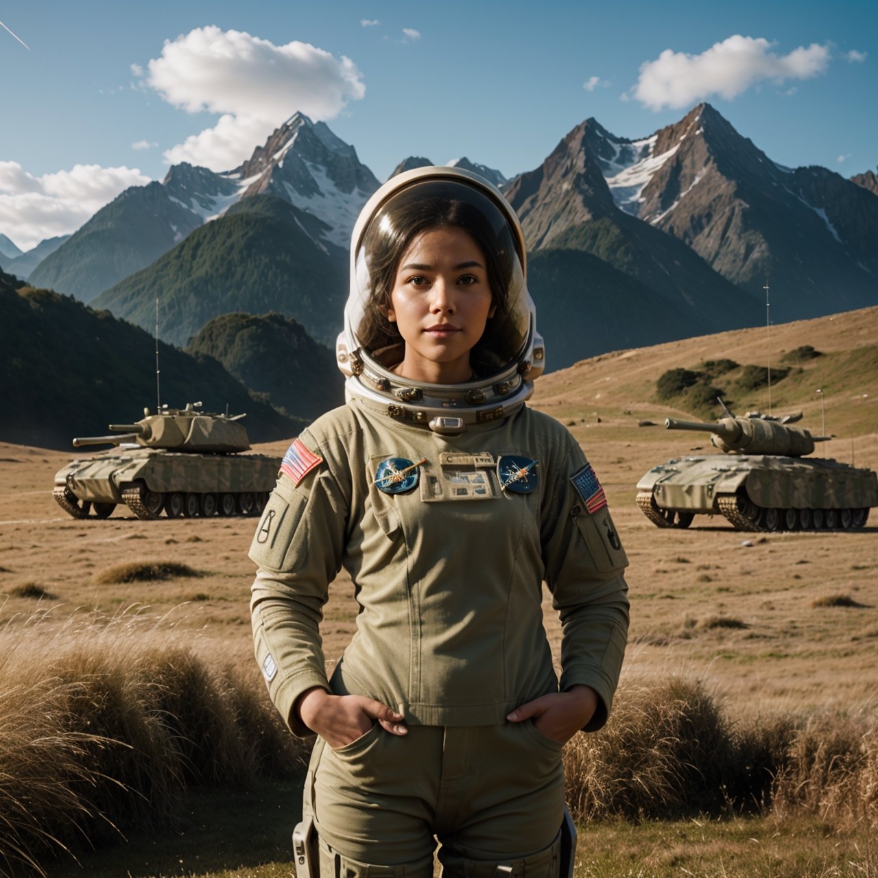 award winning of a young female with a ,  ,  looking out over a verdant alien planet on Tensor.Art