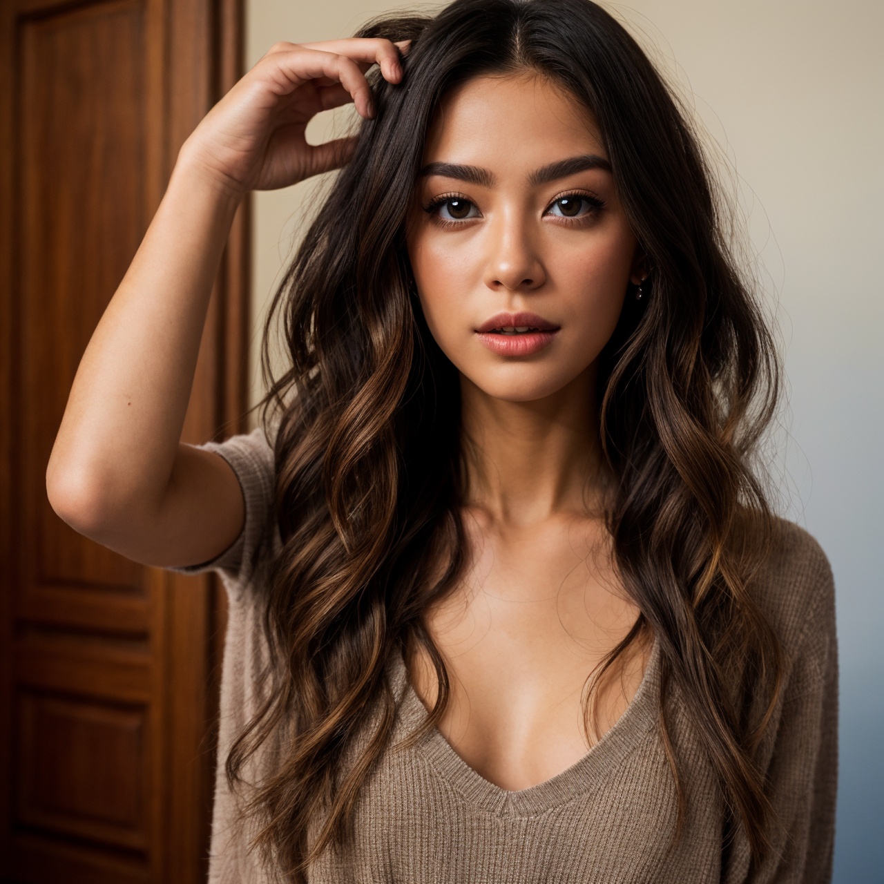 1 femme,  Long Wavy Hair,  dark brown eyes on Tensor.Art