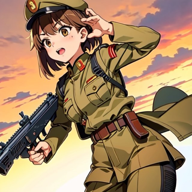 Military uniform light brown a girl japanese commander with a gun in hands on Tensor.Art