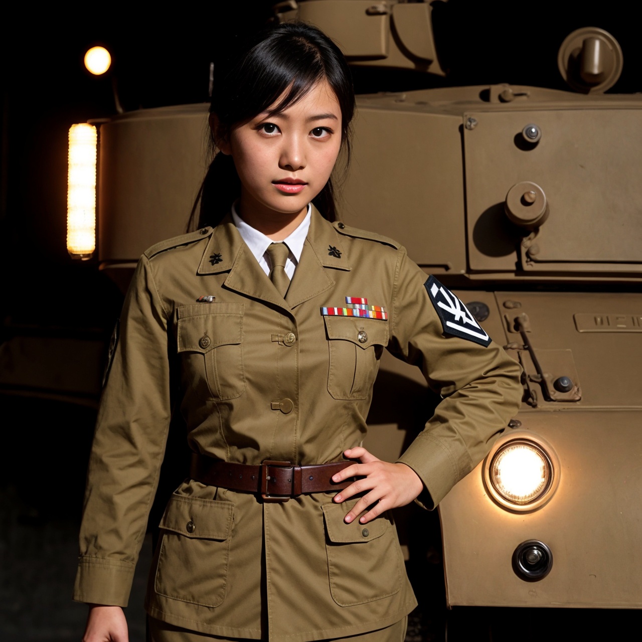 Military uniform light brown a girl japanese **** armored commander nazi on Tensor.Art