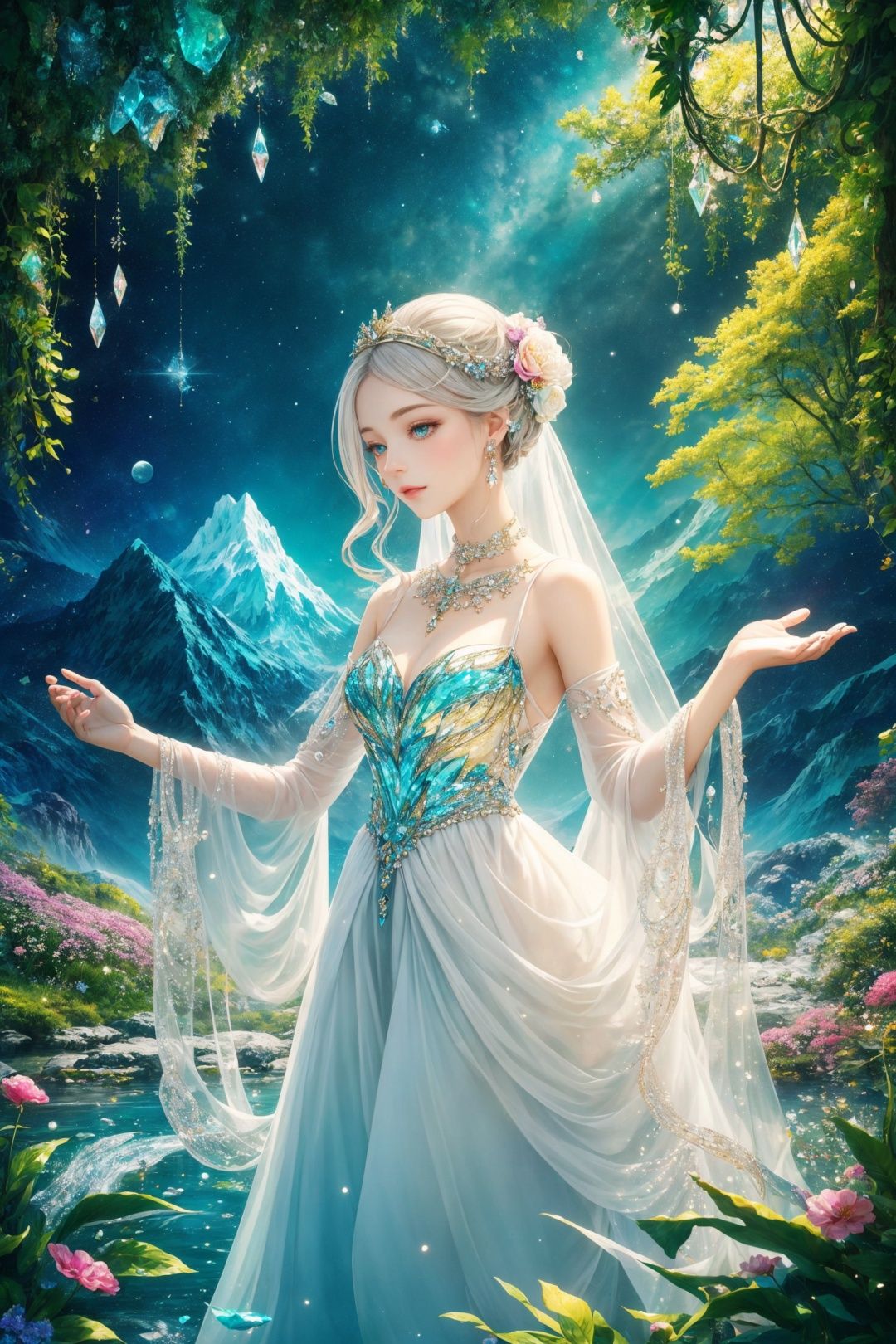dreamy beauty, classical dress,elegant hairstyle, innocence,nobility.
a space full of mysterious colors, fantasy.
colorful cristal are floating, glittering.
towering mountain, a crystal clear brook, silver light, green meadow, brightly colored flowers.