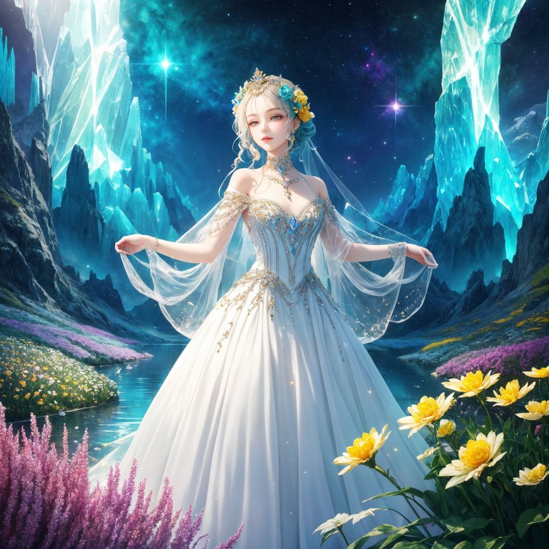 dreamy beauty, classical dress,elegant hairstyle, innocence,nobility.
a space full of mysterious colors, fantasy.
colorful cristal are floating, glittering, emitting a fascinating light.
towering mountain, a crystal clear brook, silver light, green meadow, brightly colored flowers.
