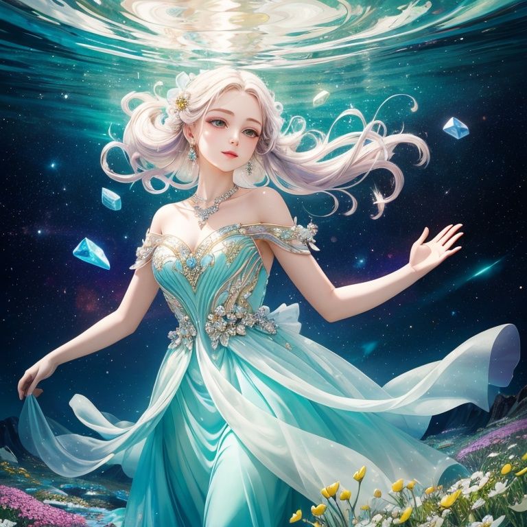 dreamy beauty, classical dress,elegant hairstyle, innocence,nobility.
a space full of mysterious colors, fantasy.
colorful cristal are floating, glittering, emitting a fascinating light.
towering mountain, a crystal clear brook, silver light, green meadow, brightly colored flowers.