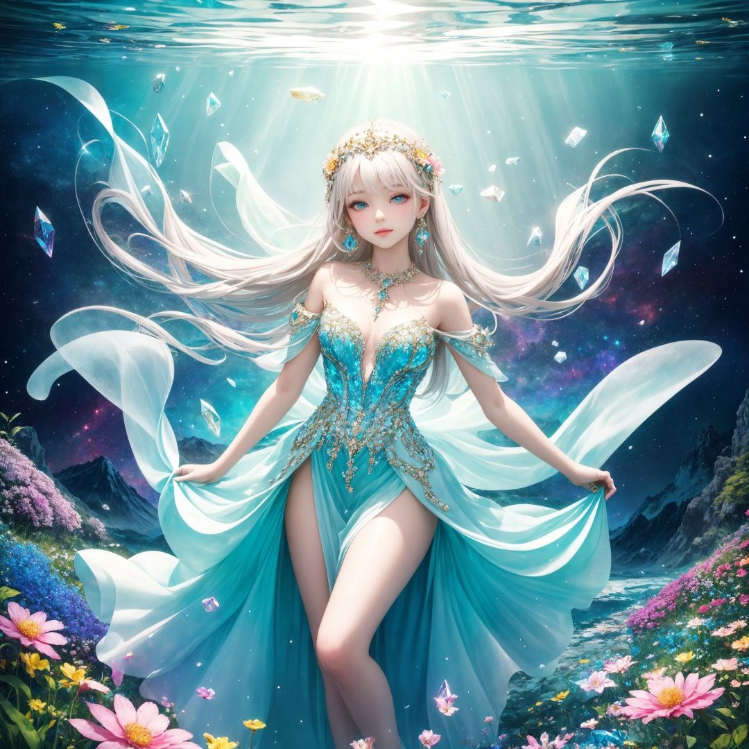 dreamy beauty, classical dress,elegant hairstyle, innocence,nobility.
a space full of mysterious colors, fantasy.
colorful cristal are floating, glittering, emitting a fascinating light.
towering mountain, a crystal clear brook, silver light, green meadow, brightly colored flowers.