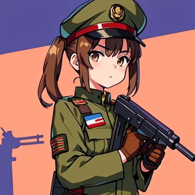 Military uniform light brown a girl japanese commander with a gun in hands on Tensor.Art