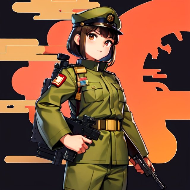 Military uniform light brown a girl japanese commander with a gun in hands on Tensor.Art