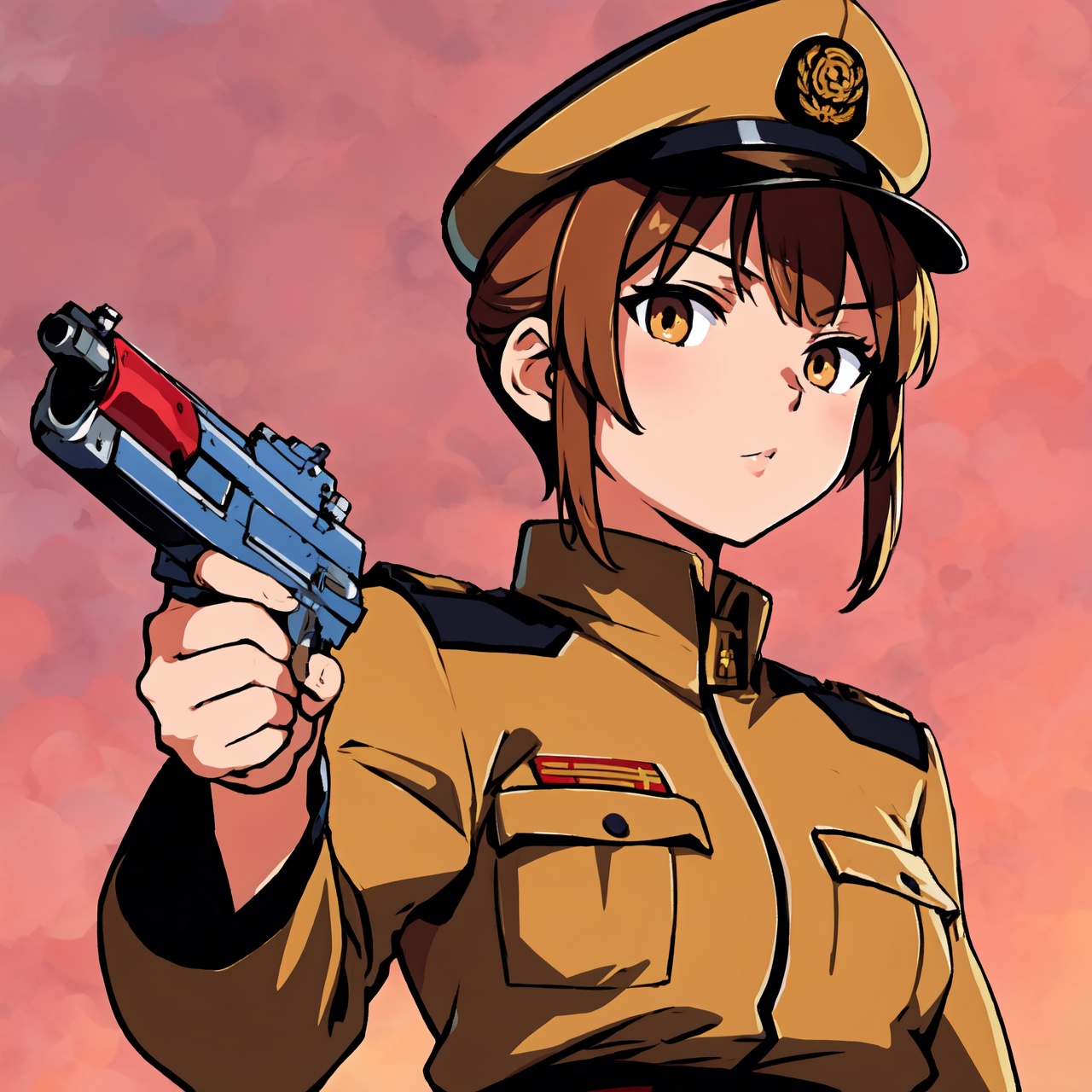 Military uniform light brown a girl japanese commander with a gun in hands on Tensor.Art