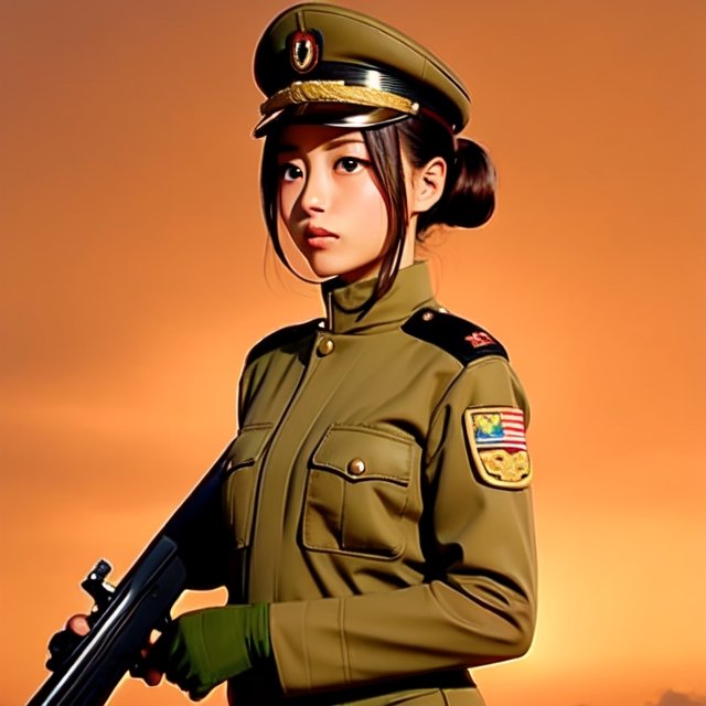 Military uniform light brown a girl japanese commander with a gun in hands on Tensor.Art