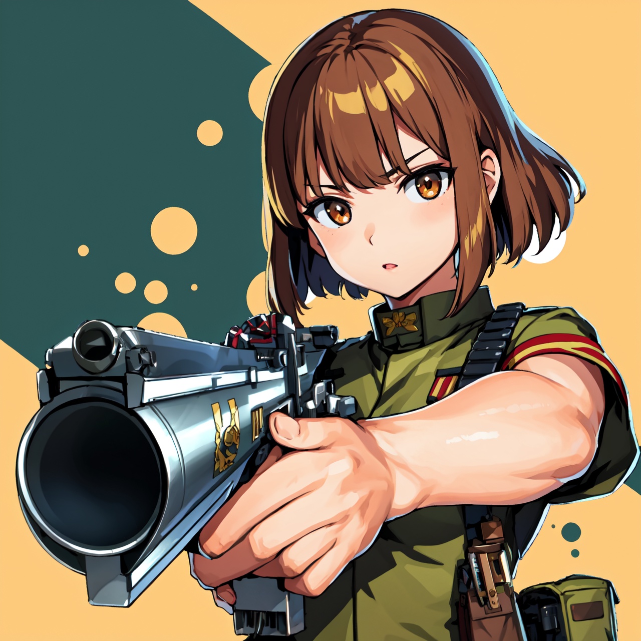 Military uniform light brown a girl japanese commander with a gun in hands on Tensor.Art