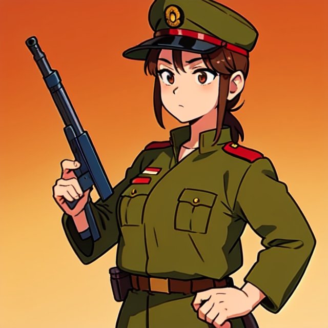Military uniform light brown a girl japanese commander with a gun in hands on Tensor.Art