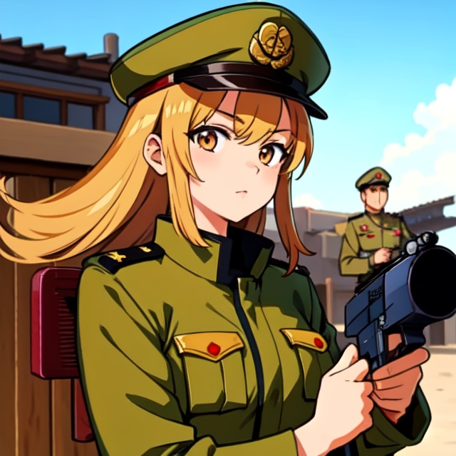 Military uniform light brown a girl japanese commander with a gun in hands on Tensor.Art