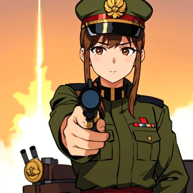 Military uniform light brown a girl japanese commander with a gun in hands on Tensor.Art