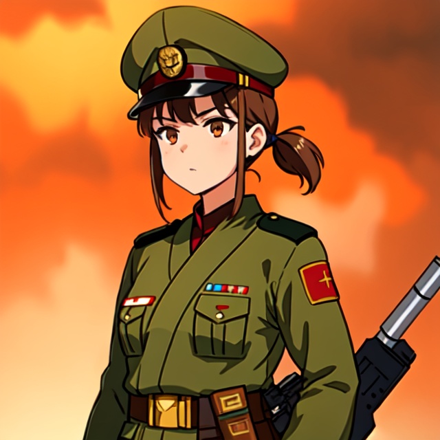 Military uniform light brown a girl japanese commander with a gun in hands on Tensor.Art