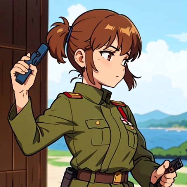 Military uniform light brown a girl japanese commander with a gun in hands on Tensor.Art