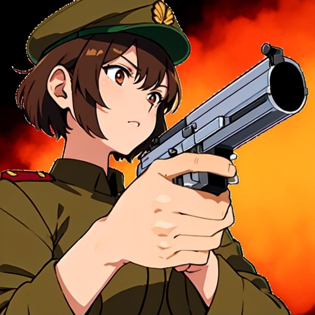 Military uniform light brown a girl japanese commander with a gun in hands on Tensor.Art