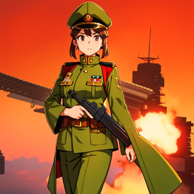 Military uniform light brown a girl japanese commander with a gun in hands on Tensor.Art
