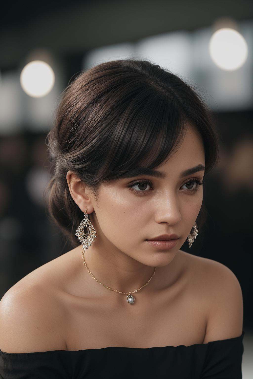 A close-up shot of a woman with a pensive expression,  wearing a dark,  off-the-shoulder dress and a single on Tensor.Art