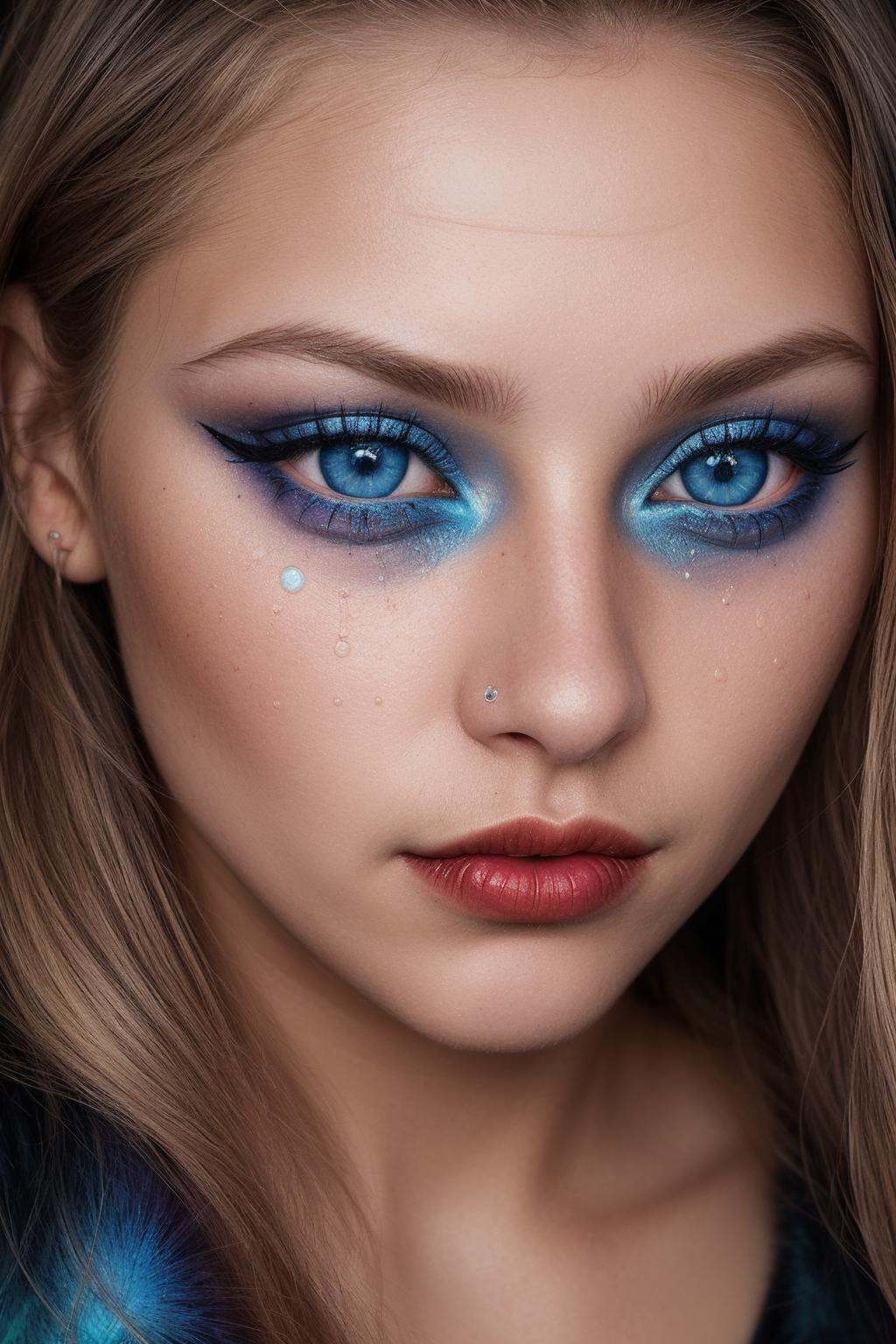 (award winning psychedelic art photograph) tanned caucasian blonde girl (smokey eyeshadow,  black eyeliner,  red lips) on...