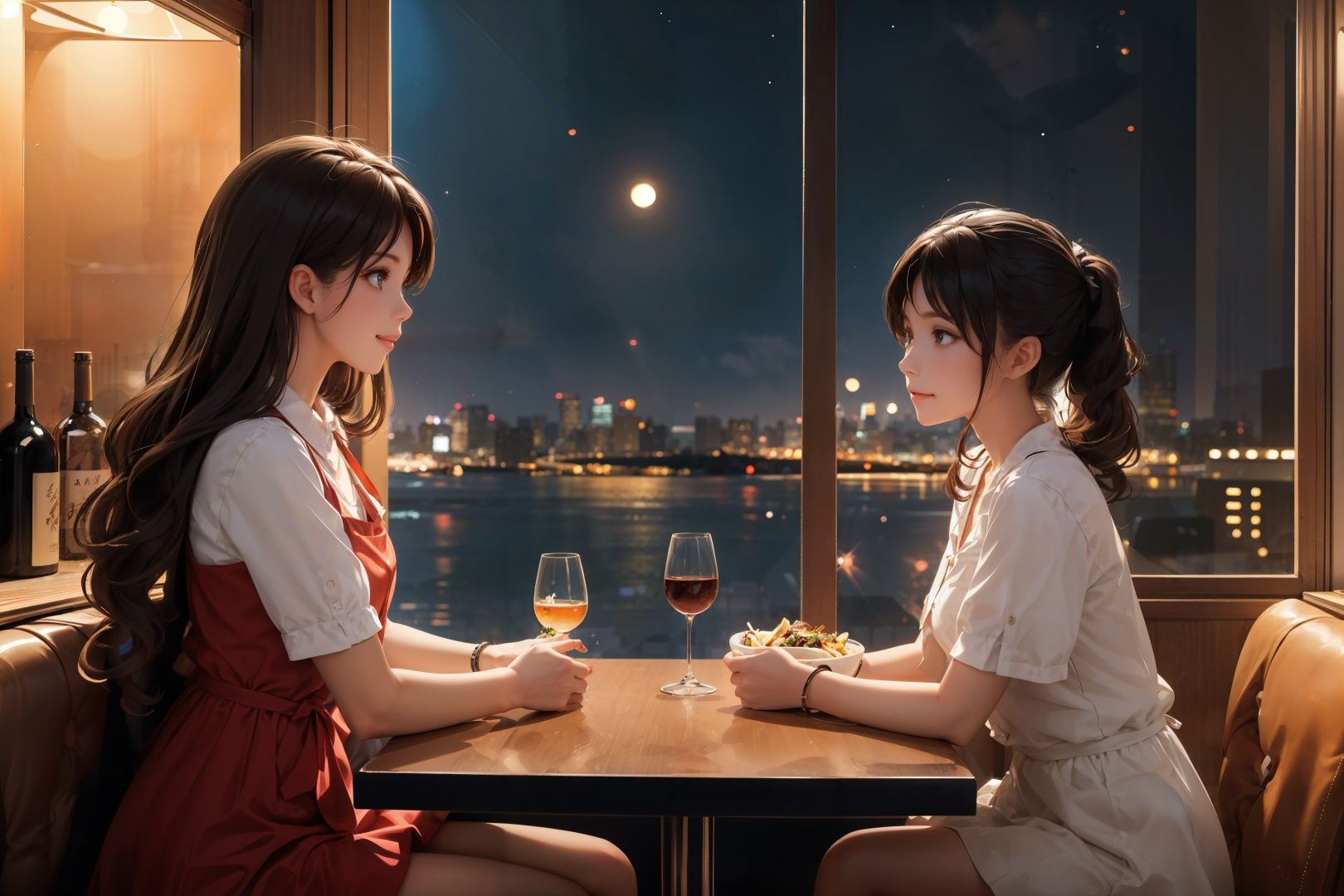 2girls,sitting,eating dinner,((close_shot)),delicate_features,pretty_face,smiling,pure,lovely,bar,bar counter,night,wine cabinet,a table for four,window,night view of the city in the high sky outside the window, <lora:Ricci_高空酒吧_v1.0:0.6>