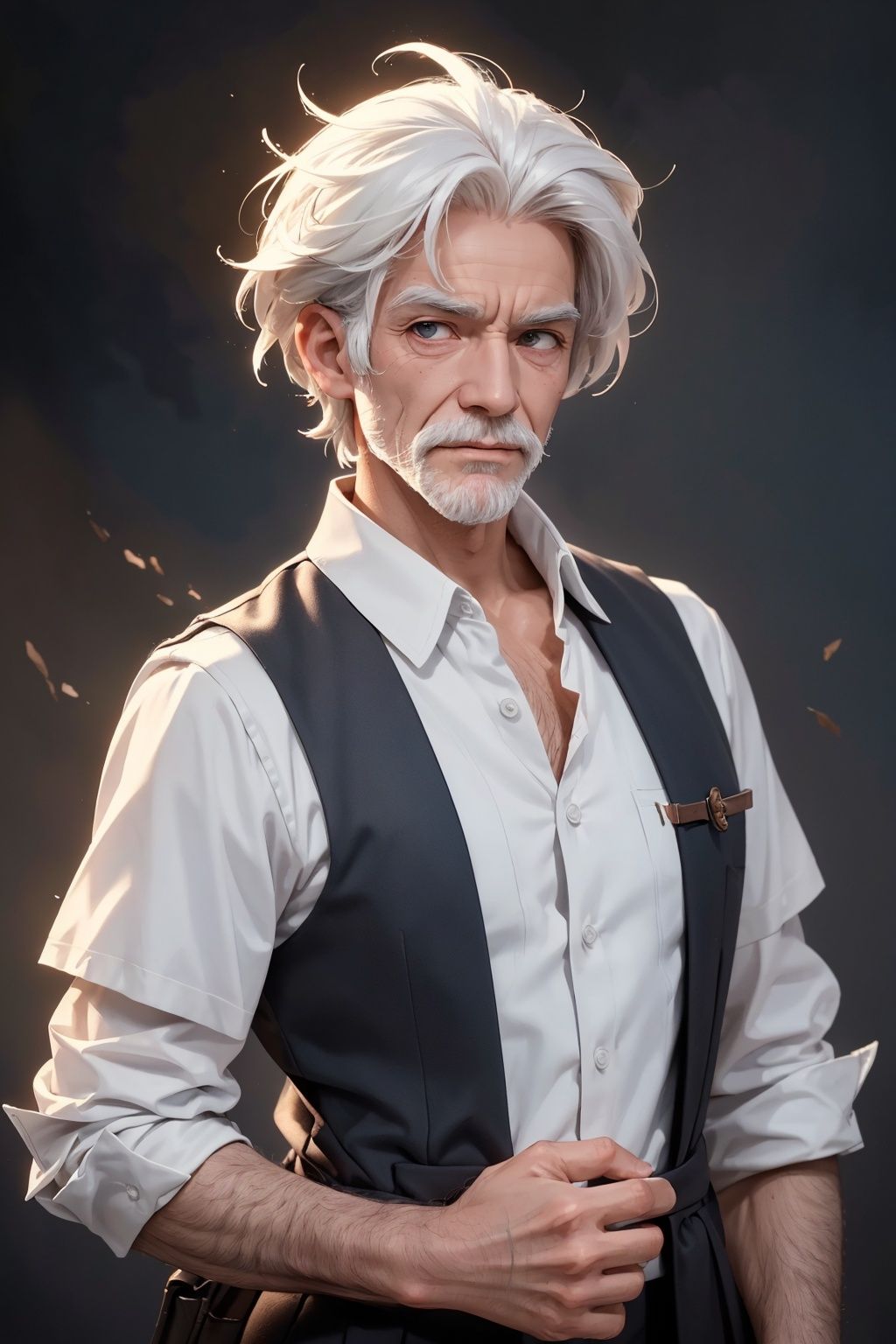 best quality,(masterpiece:1.3),ultra-detailed,solo:1.3,old man:3,withered:3,,100_years_old, Thin and emaciated, elderly, wrinkled, white haired,,Men's short hair,white Beard, wrinkles, gentlemen,,powerful_and_cool_and_wild:1.5, men's_posing,,rough,rugged,boorish,rude,wild and woolly,,looking at viewer,