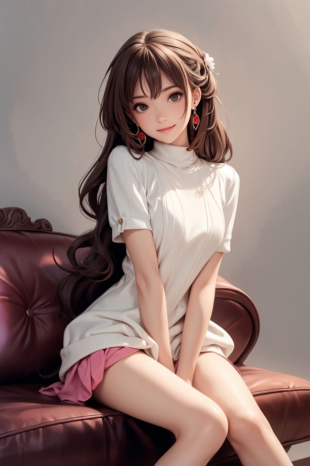 1girl, solo, long hair, earrings, jewelry, sitting, sweater, looking at viewer, head tilt, couch, hand between legs, very long hair, lips, wavy hair, between legs, brown hair, watermark, black hair, closed mouth, smile, artist name, brown eyes, grey background, black eyes, eyelashes