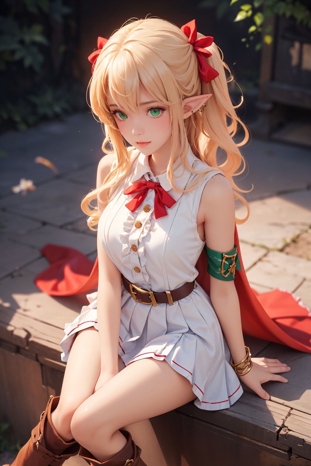 best quality，(masterpiece:1.3),cowboy shot,ultra-detailed,solo,1girl, arisa \(shadowverse\), from above,detailed background,looking at viewer, sittinglong hair, bangs, ribbon, pointy ears, hair ribbon, elf, blush, blonde hair, red ribbon, hair between eyes, green eyes, skirt, sleeveless, dress, bare shoulders, shirt, belt, sleeveless shirt, thigh boots, white skirt, frills, brown footwear, pleated skirt, miniskirt, sidelocks, blue shirt, sleeveless dress, white dress, short dress, red cape, brown belt, buckle, red bow, knee boots, high heels, armlet