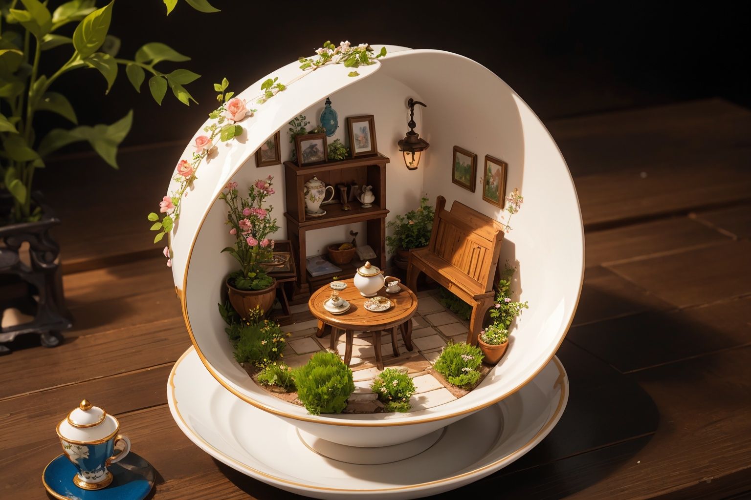 top down shot of a miniature cottage with garden inside a porcelain painting tea cup, delicate details, vivid scene, lovely style, cute, sweet, soft atmosphere,Microlandscape