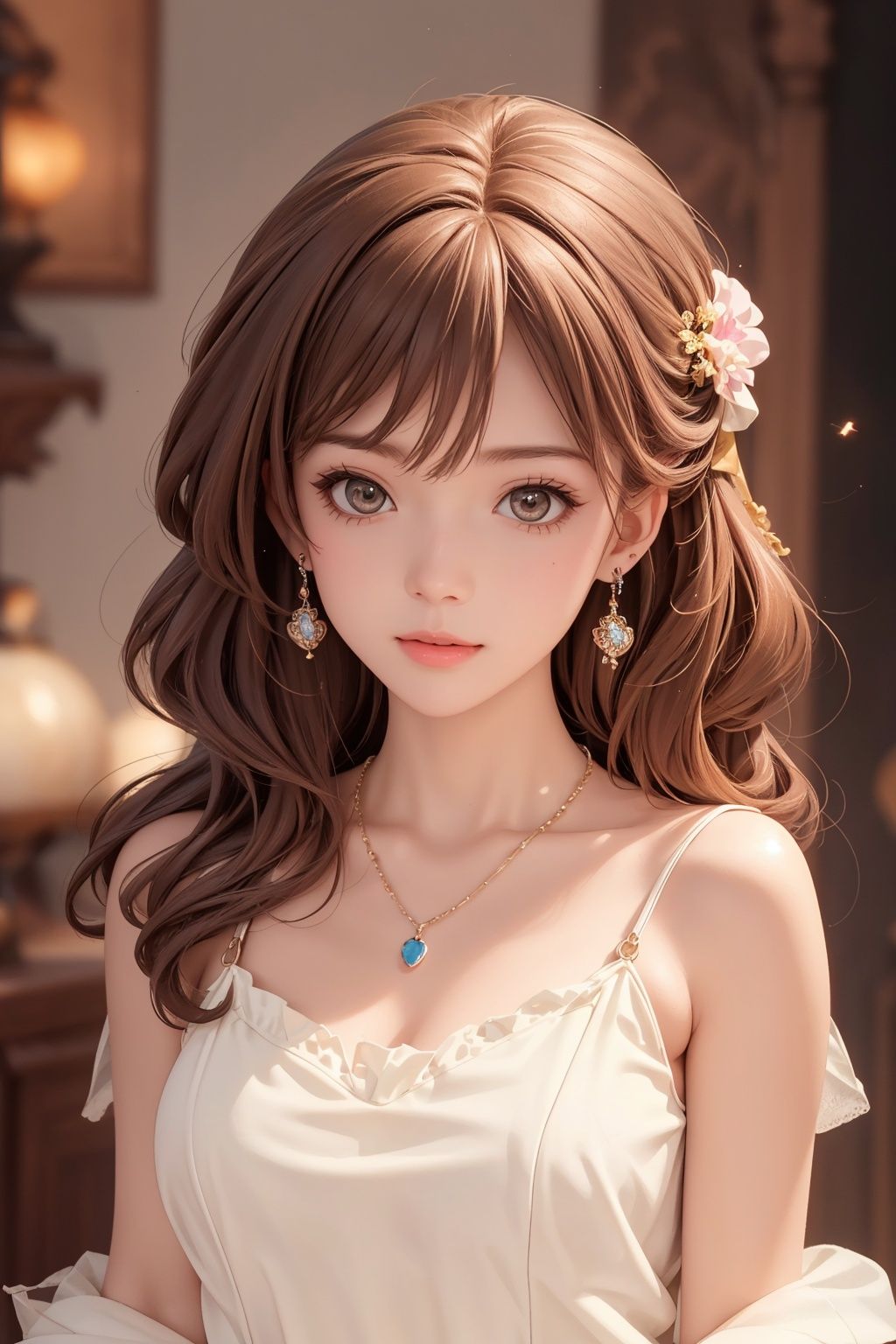 best quality,(masterpiece:1.3),ultra-detailed,solo:1.3,1GIRL,brown hair, brown eyes, necklace, earrings, jewelry, 