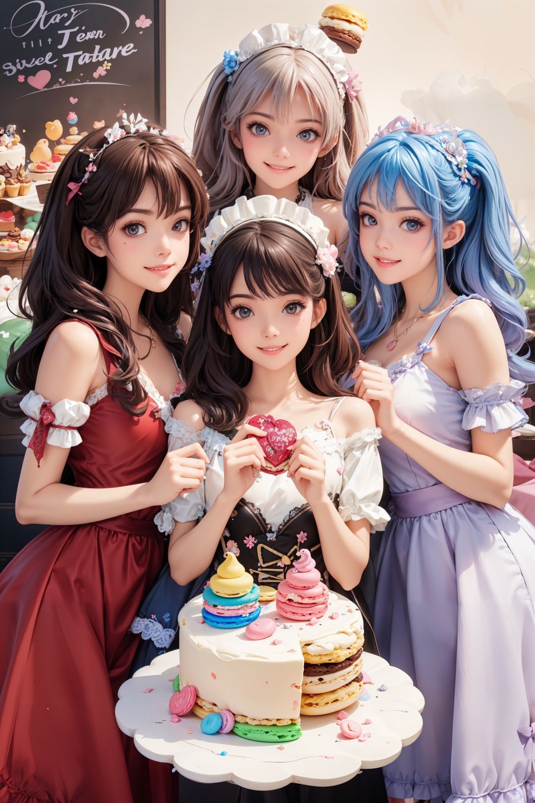 4+ girls, multiple colored hairs, sweet maids, random cute faces, super happy smiling, laughing,group shot, zoom camera, sweet tea party,lots of cakes, macarons, chocolates, parfaits, cookies, land of sweets