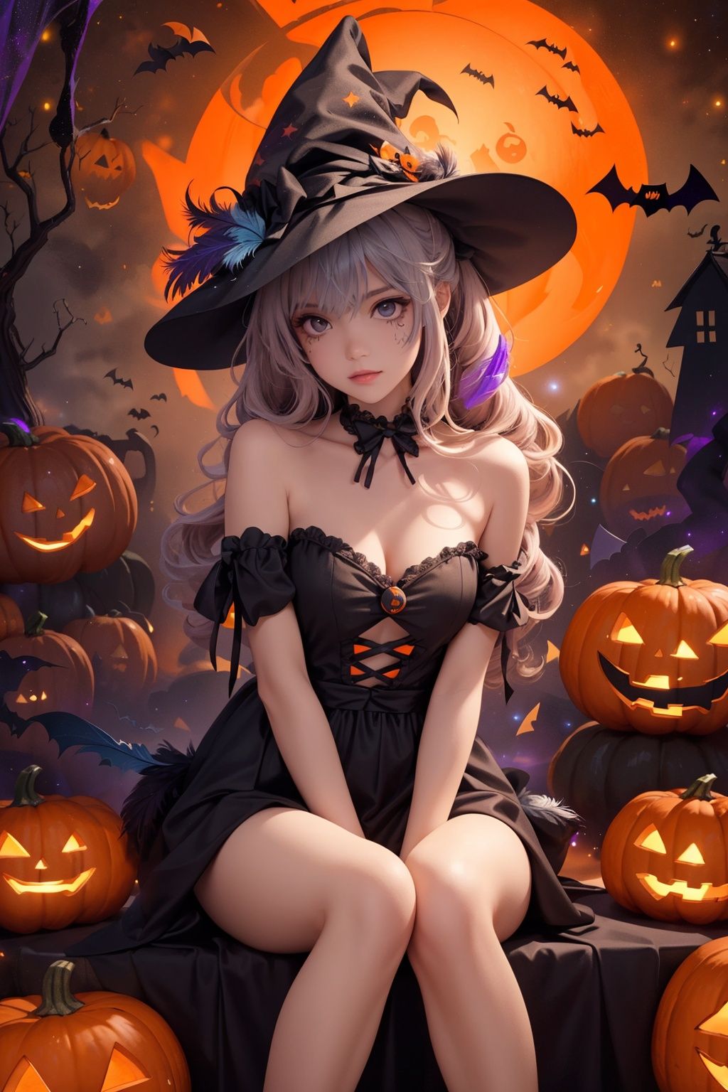 1girl,  ((lots of galaxy+halloween color feathers):1.3),  orange tone color on Tensor.Art
