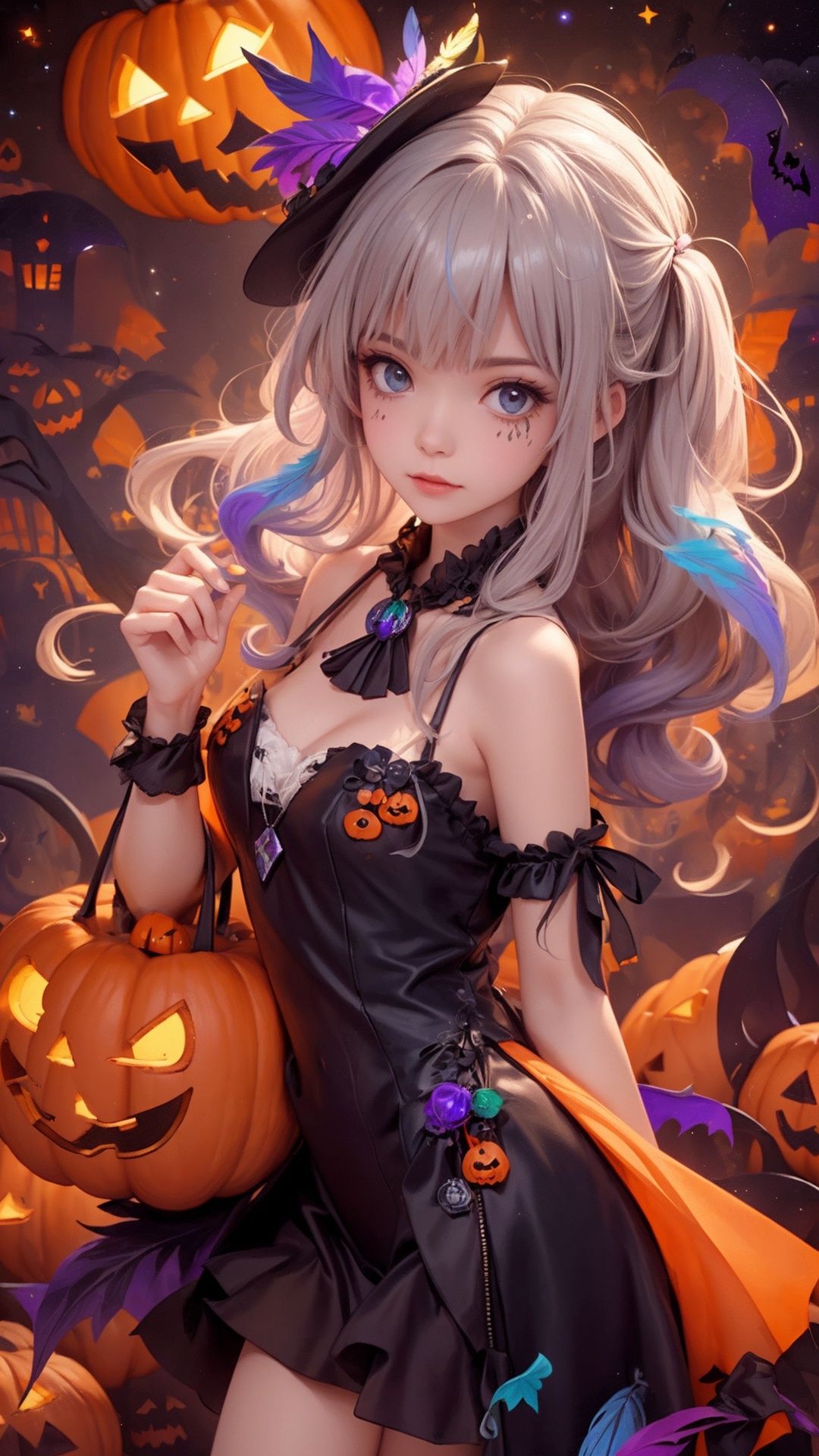 1girl, cowboy_shot, ((lots of galaxy+halloween color feathers):1.3),  orange tone color,  cute face,  Hair pumpkin,  decorative art,  pumpkin