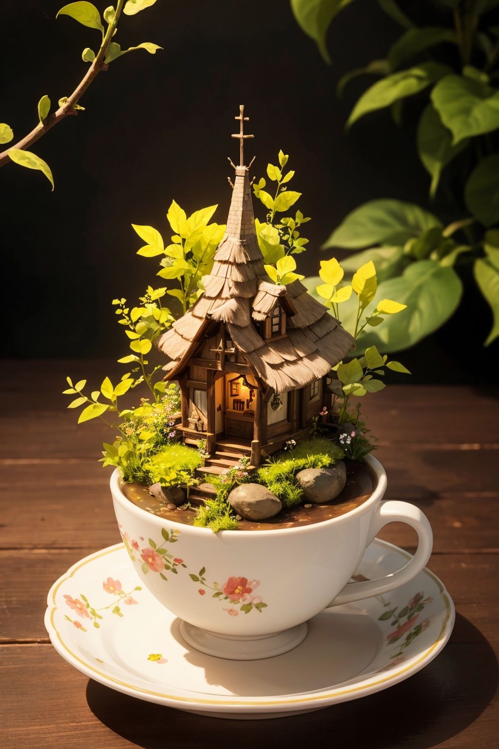 top down shot of a miniature cottage with garden inside a tea cup, delicate details, vivid scene, lovely style, cute, sweet, soft atmosphere,Microlandscape