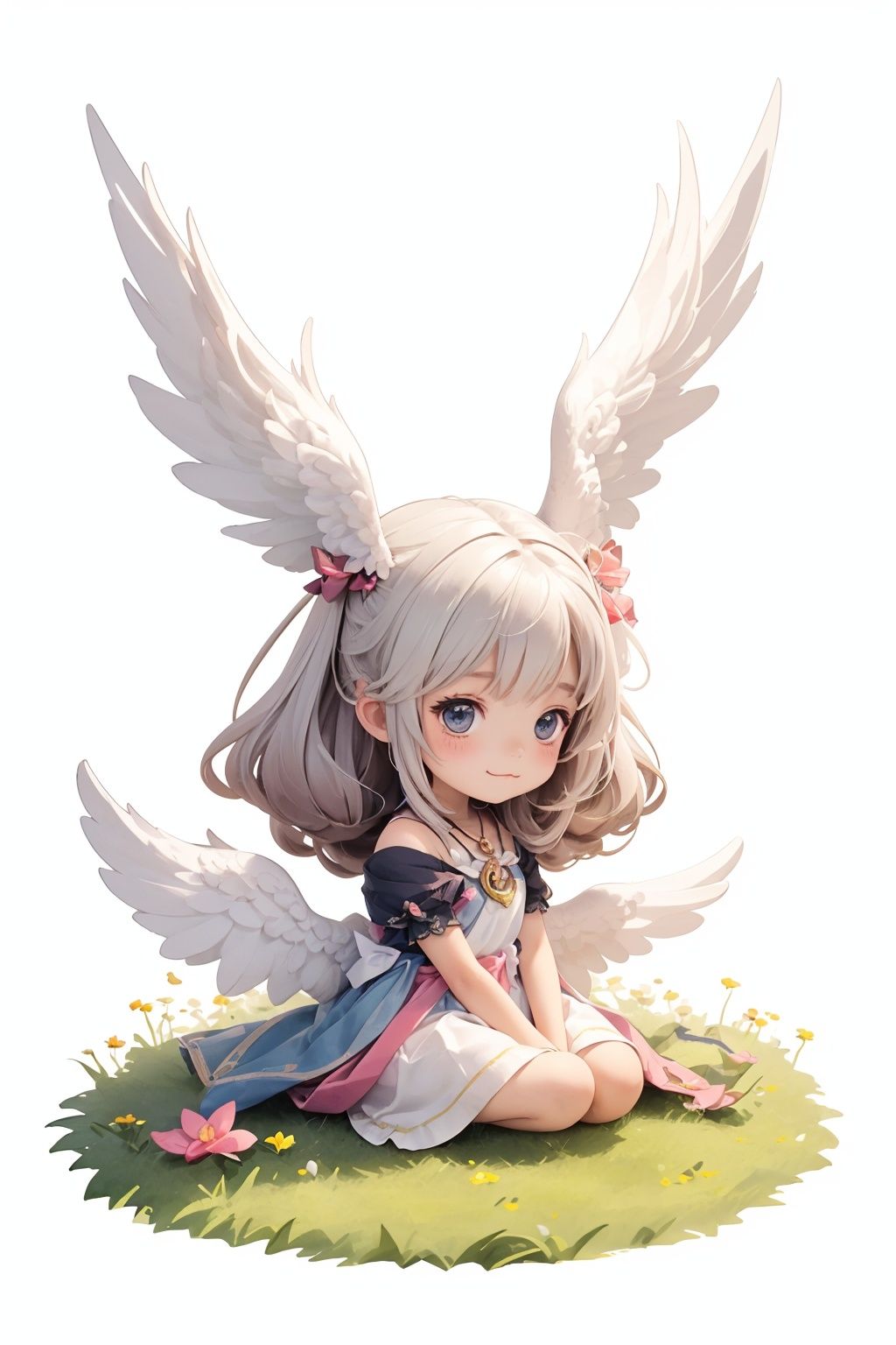 best quality,masterpiece,((simple background, blank background, pure white background)), (simple details),(minimalism:1.4), watercolor, chibi:2,den:2,(cute, sweet, fantasy),little angel girl:3,angel wings,long hairs,on grass,mini girl:1.2,