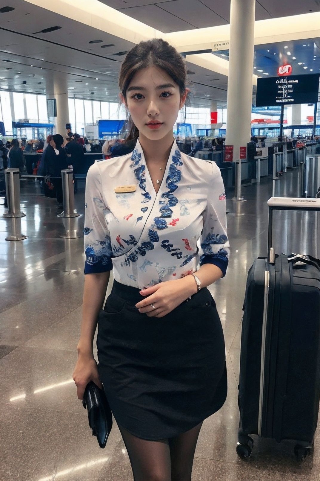 best quality,masterpiece,real,realistic,photo,photorealistic,looking at viewer,cowboy shot,hna uniform,1girl,solo,an extremely delicate and beautiful girl,standing,v arms,airport,terminal,(black pantyhose),<lora:HNA uniform cheongsam:0.7>,burst milk,chest tightness,BIG BOOBS,highlighting the chest,