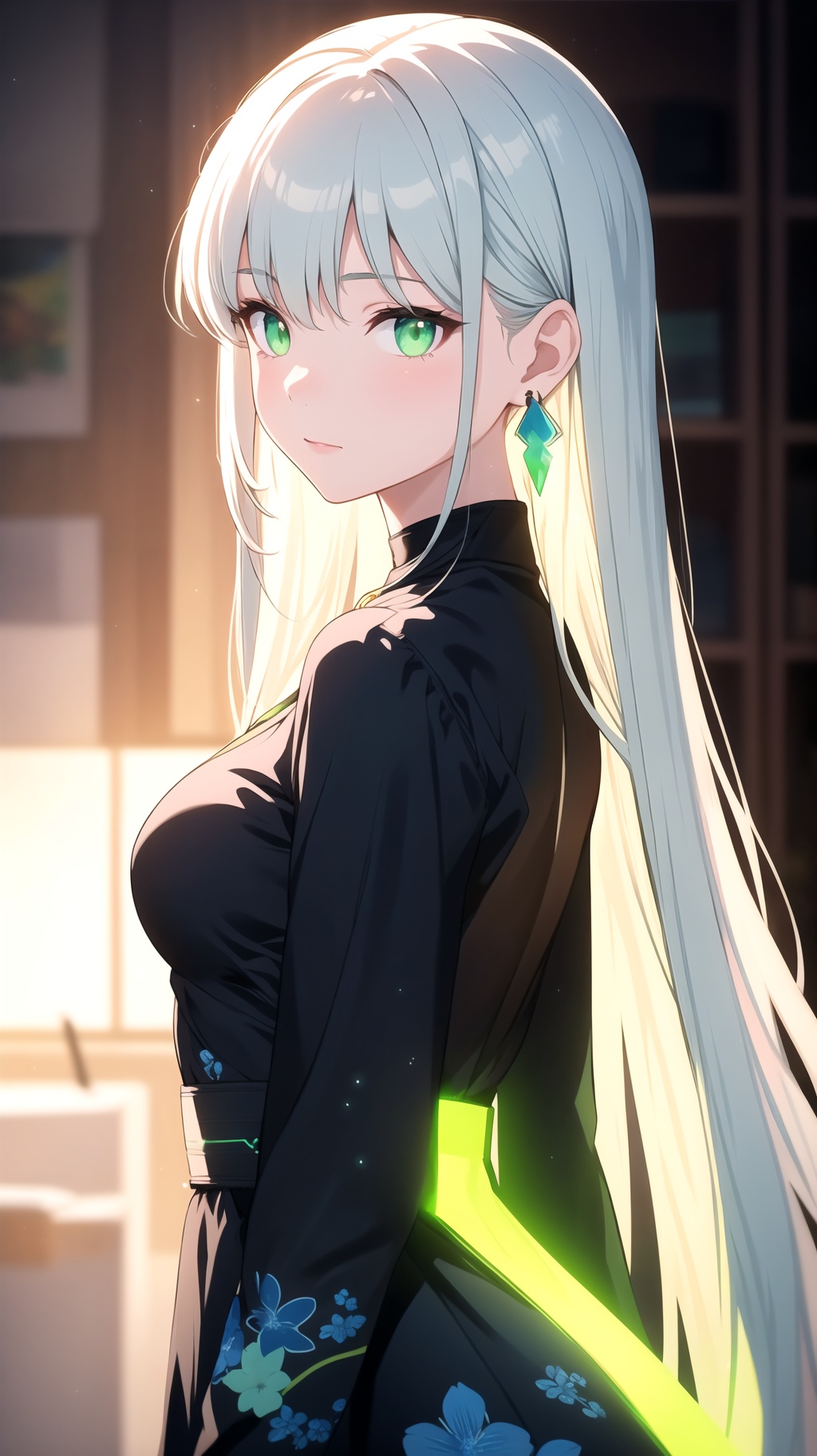 A beautiful girl with off-white long hair,  white luminous eyes,  green luminous earrings on Tensor.Art
