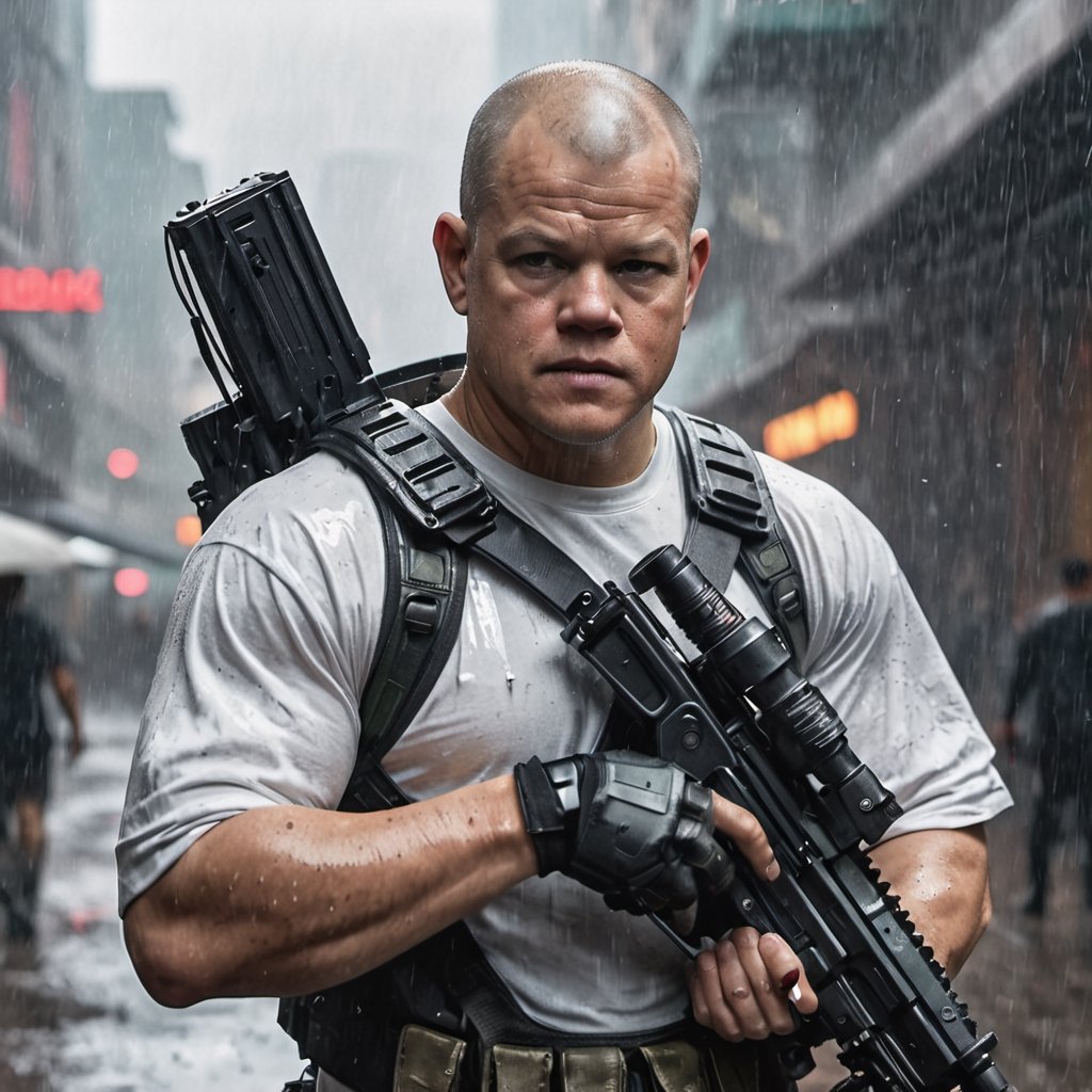 bald Matt Damon 25 y. o.,  in cyberpunk city,  wear low tech exoskeleton over white t shirt on Tensor.Art