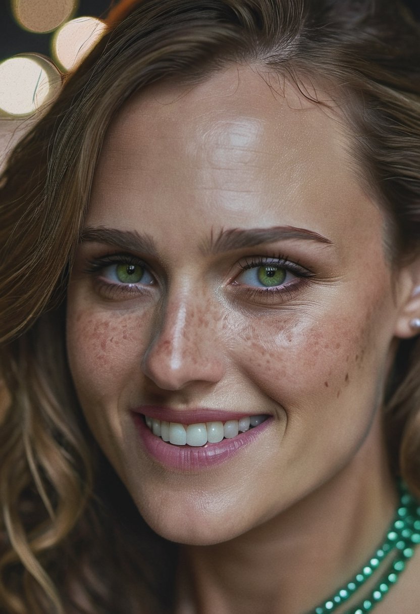 shantel vansanten close up Realistic 8K portrait: A young Smiling Freckles brunette,  green eyes,  wind-blown long hair on...