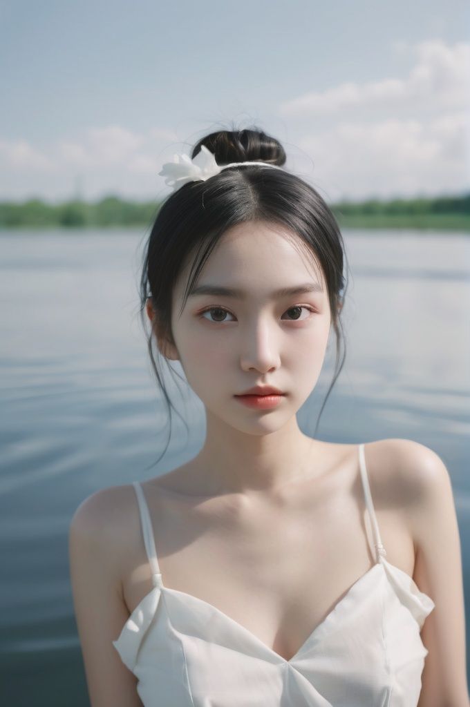 analog film photo A black-haired girl, wearing a white dress, with a single hair bun adorned with a hairpin, her eyes closed, standing alone on the water surface, reflecting her image. She is a fair-skinned female, revealing her collarbone and bare shoulders as she faces the viewer, against a light gray background in a minimalist style. . faded film, desaturated, 35mm photo, grainy, vignette, vintage, Kodachrome, Lomography, stained, highly detailed, found footage