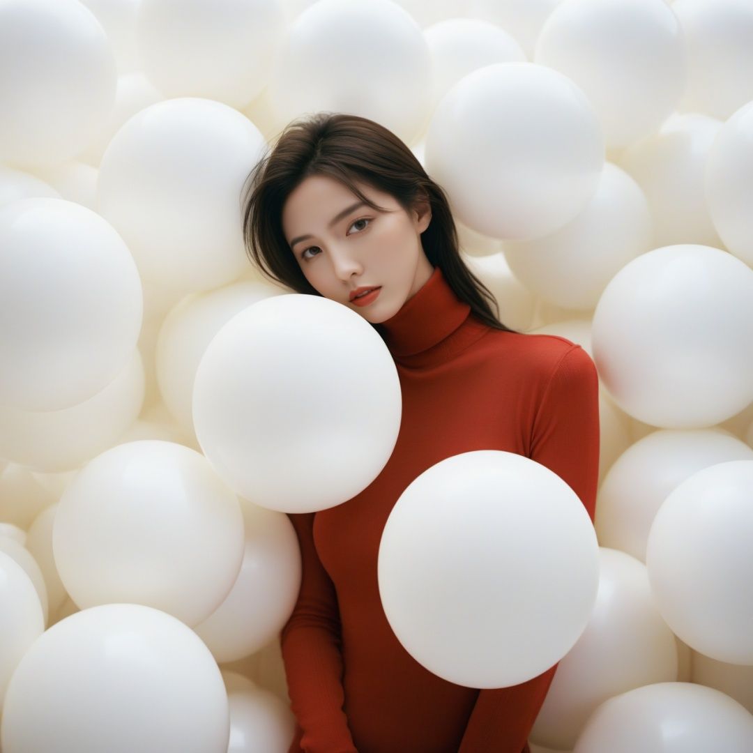 breathtaking cinematic film still, Cowboy_Shot, ((__clothes_female/blouse styles 衬衫款式/blouse__)), Erdem Moralioglu (厄德姆·莫拉利奥卢), a cinematic fashion portrait photo of beautiful young woman from the 90s wearing a red turtleneck standing in the middle of a ton of white balloons, dramatic lighting, taken on a hasselblad medium format camera, looks like liuyifei, white balloon, shallow depth of field, vignette, highly detailed, high budget, bokeh, cinemascope, moody, epic, gorgeous, film grain, grainy . award-winning, professional, highly detailed,sc,monkren