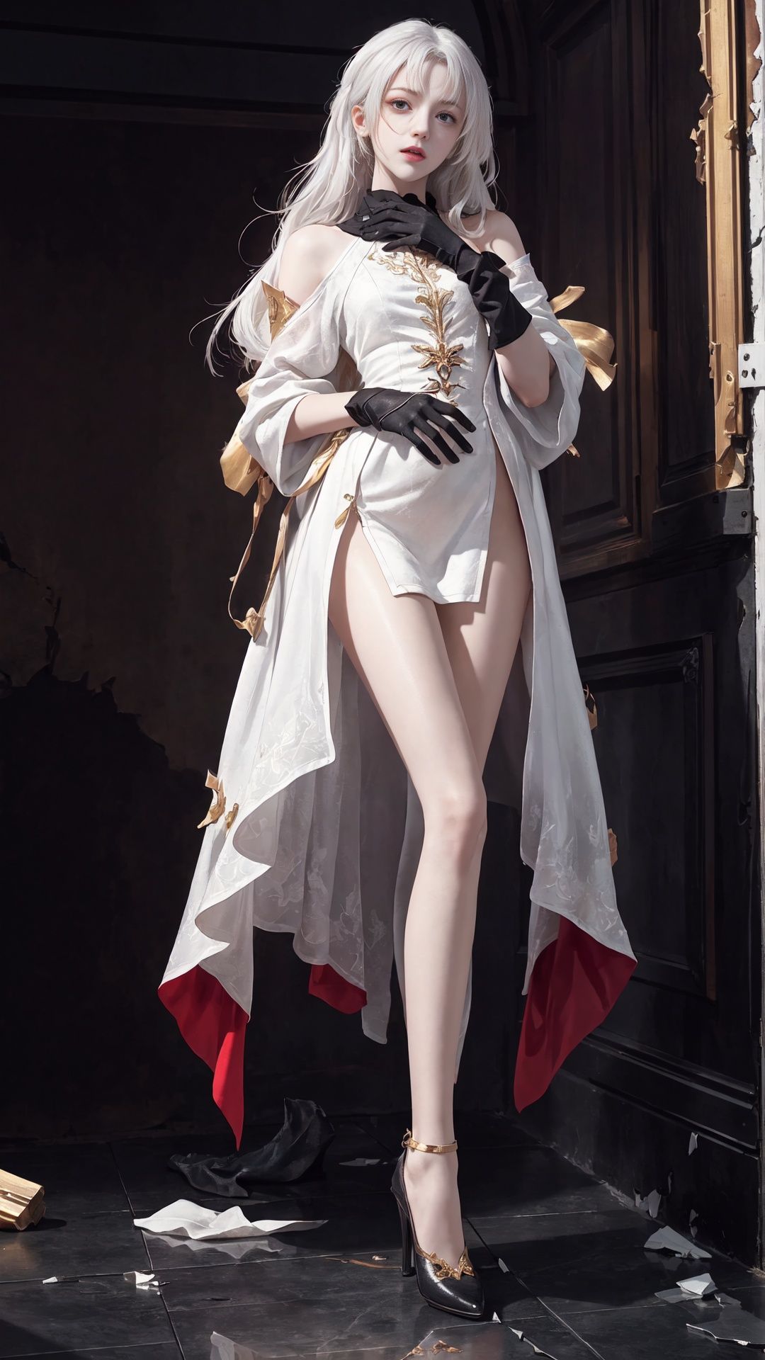 (masterpiece:1.15), (best quality:1.05), (extremely detailed CG unity 8k wallpaper:1.05), (finely detail:1.1), (ultra-detailed:1.1), (exquisite illustrations:1.05), (highres:1.05), original, (an extremely delicate and beautiful:1.05),best light,broken glass, broken world,doomsday,wish, loli,crying, white robe,light red eyes, ruin,broken, <lora:more_details:0.3>,fly,everything is flying,unreal,damage clock,damage,stone,disorder, serious,((black gloves))an extremely best quality, masterpiece,extremely detailed, beautiful face, exquisite eyes, realistic, center, (((whole body))), long hair, (((long legs))), (high heels), solo, looking at the camera, photo, ((((1girl)))),Looking up at the screen,white hair,long hair, (((High legs))), (((high leg))), small breasts,looking down, full body, (masterpiece:1,2),Positive posture, best quality,masterpiece,highres,original,extremely detailed wallpaper,perfect lighting,(extremely detremely detailed CG:1.2),8k,
