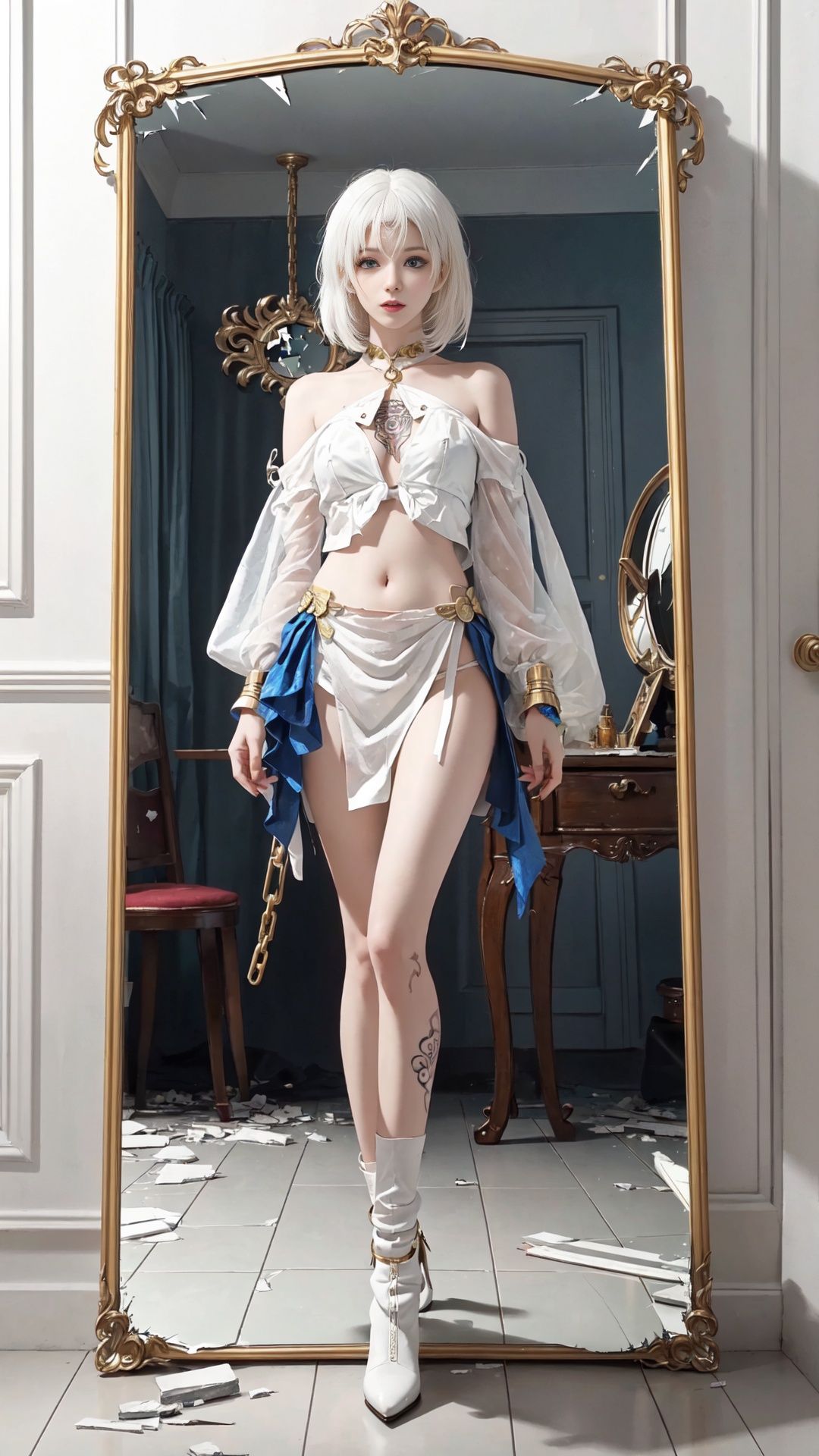 best quality, ultra detailed, masterpiece, illustration,highres, original, extremely detailed wallpaper, perfect lighting,(extremely detailed CG:1.2), drawing, paintbrush,(1girl:1.5),(solo:1.5),(full body:1.5),//short hair, (White colored hair,:1.5), floating hair, ((blue eyes, glittering eyes)),white ankle boot, mesh socks,gold chain, (large hips), (((slave tattoo))),belly button,(((pelvic curtain))), cuffs, chain, shackles, handcuffs, chained, bound wrists, cutout,//shattered,broken land, (split theme:1.25),(in broken mirror:1.3),step out of the mirror, breaking, broken glass,(broken mirror crack:1.25),glass shards,broken background,an extremely best quality, masterpiece,extremely detailed, beautiful face, exquisite eyes, realistic, center, (((whole body))), long hair, (((long legs))), (high heels), solo, looking at the camera, photo, ((((1girl)))),Looking up at the screen,white hair,long hair, (((High legs))), (((high leg))), small breasts,looking down, full body, (masterpiece:1,2),Positive posture, best quality,masterpiece,highres,original,extremely detailed wallpaper,perfect lighting,(extremely detremely detailed CG:1.2),8k,
