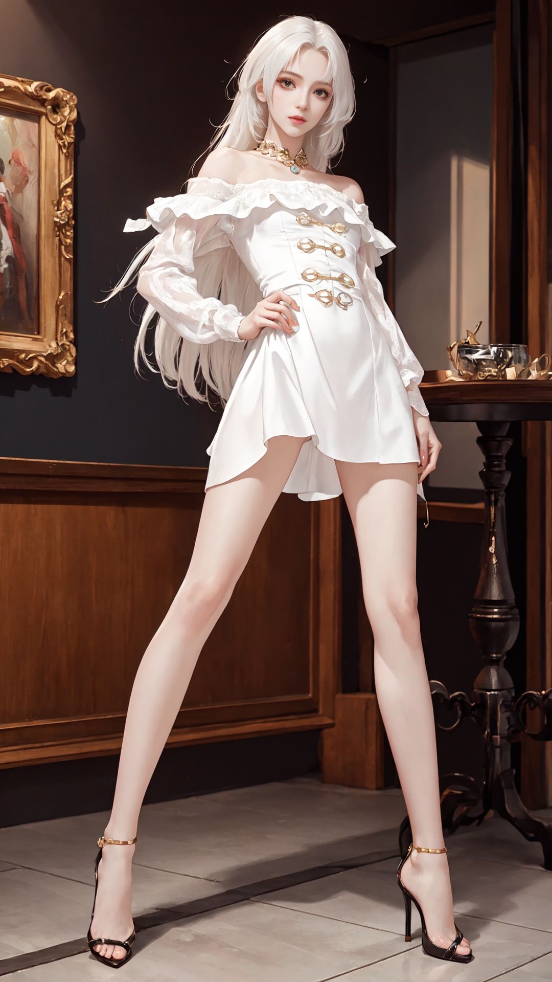 masterpiece,best quality,Shallow Depth of Field,Original Character,Hip wrap dress,an extremely best quality, masterpiece,extremely detailed, beautiful face, exquisite eyes, realistic, center, (((whole body))), long hair, (((long legs))), (high heels), solo, looking at the camera, photo,1girl,Looking up at the screen,white hair,long hair, (((High legs))), (((high leg))), small breasts,looking down, full body, (masterpiece:1,2),Positive posture, best quality,masterpiece,highres,original,extremely detailed wallpaper,perfect lighting,(extremely detremely detailed CG:1.2),8k,