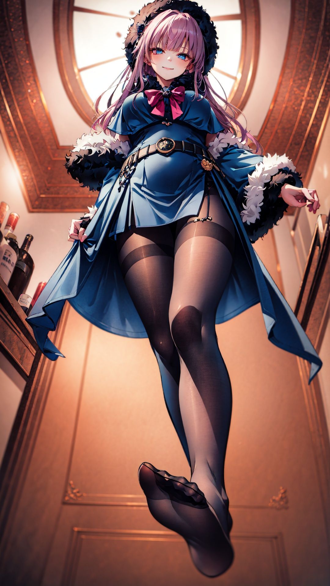 1girl, aajuvia,  long hair,  blue headwear,  fur-trimmed headwear,  capelet,  blue dress,  long sleeves,  belt,  side slit,  tattoo,  (black thighhighs), thick thighs, big breasts, wide hip, half closed eyes, smug, (smirk), happy expression, bar, medieval bar, standing, one leg up, (****:1.2), feet pantyhose, (foreshortening), (from below:1.3), looking at viewer, masterpiece, extremely detailed CG unity 8k wallpaper,  best quality, 32k, focus sharp,  ,  ,  FFA, From below, Leg up, <lora:EMS-14797-EMS:0.400000>, , <lora:EMS-57409-EMS:0.700000>, , <lora:EMS-32356-EMS:0.800000>