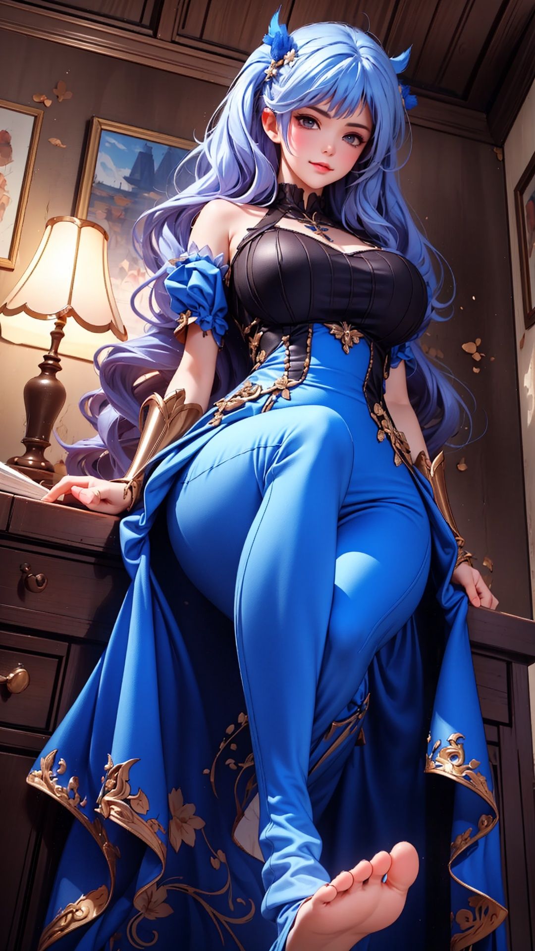 1girl, irelia,  ribbon,  arm ribbon, long hair,  blue hair,  light armor, red dress, thight dress, (big breasts), blue pants, pants, thicc, thick thighs, curvy, looking at viewer, castle, detailed castle, serious, erotic face, erotic expression, half closed eyes, smug, smirk, room, (foreshortening), (from below:1.2), masterpiece, extremely detailed CG unity 8k wallpaper,  best quality, 32k, focus sharp,  ,  FFA,  from below,  leg up,  ****,  (feet ****), (feet),  looking at viewer,  FFA, From below, Leg up,  Detail, <lora:EMS-14797-EMS:0.400000>, , <lora:EMS-57409-EMS:0.600000>, , <lora:EMS-14488-EMS:0.800000>, , <lora:EMS-26397-EMS:0.800000>