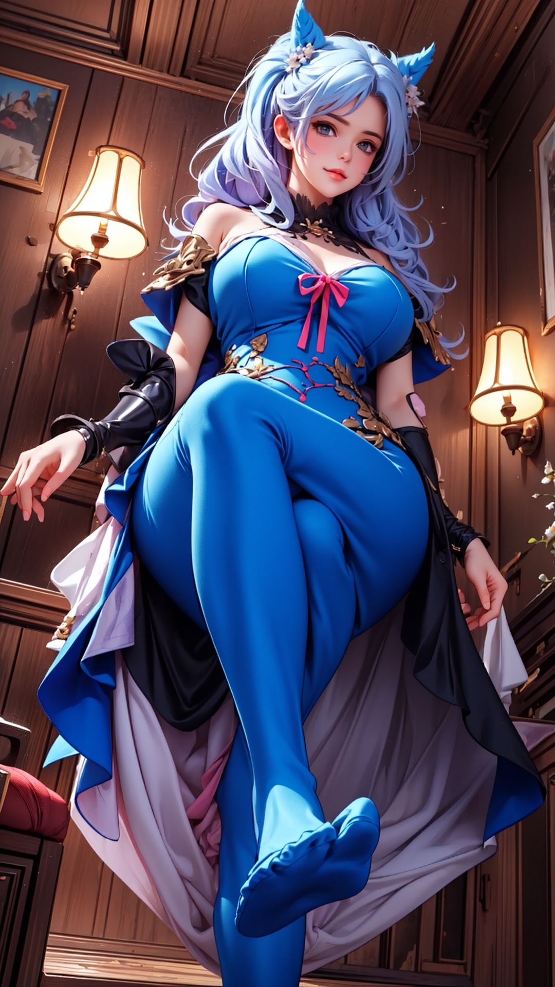 1girl, irelia,  ribbon,  arm ribbon, long hair,  blue hair,  light armor, red dress, thight dress, (big breasts), blue pants, pants, thicc, thick thighs, curvy, looking at viewer, castle, detailed castle, serious, erotic face, erotic expression, half closed eyes, smug, smirk, room, (foreshortening), (from below:1.2), masterpiece, extremely detailed CG unity 8k wallpaper,  best quality, 32k, focus sharp,  ,  FFA,  from below,  leg up,  ****,  (feet ****), (feet),  looking at viewer,  FFA, From below, Leg up,  Detail, <lora:EMS-14797-EMS:0.400000>, , <lora:EMS-57409-EMS:0.600000>, , <lora:EMS-14488-EMS:0.800000>, , <lora:EMS-26397-EMS:0.800000>