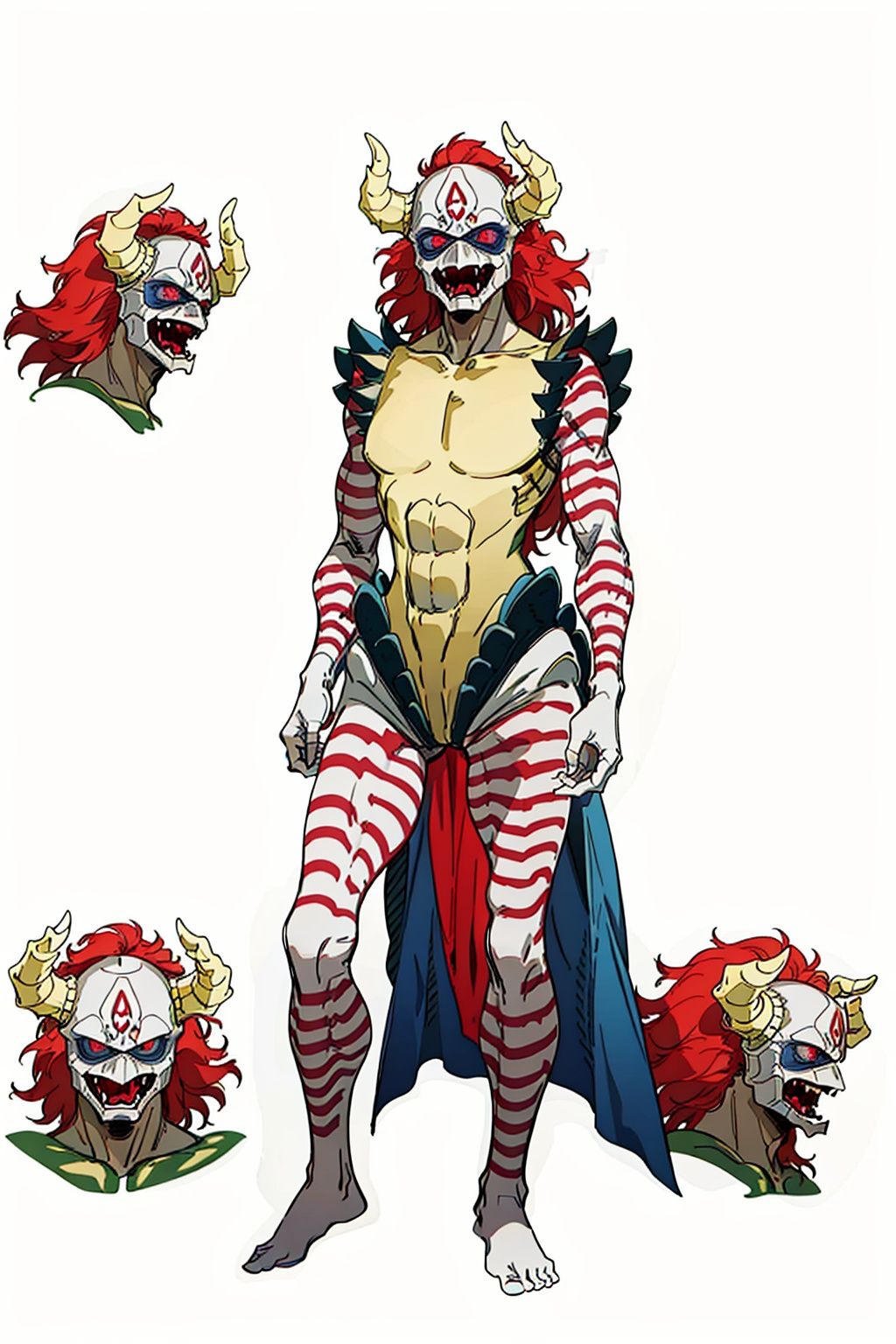 (masterpiece:1.3), (the best quality:1.2), (super fine illustrations:1.2), (Masterpiece), high quality, high detail,((white background:1.2)), looking at viewer, (SOLO:1.4),outline,,simple background,logo, red eyes, red hair,striped,horned helmet,horns,gloves,armor,spikes,full armor,helmet,mask,cover,gauntlets,shoulder armor,breastplate,monster, logo